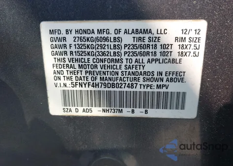 2013 Honda Pilot Ex-L z USA, uszkodzony, nr VIN 5FNYF4H79DB027487